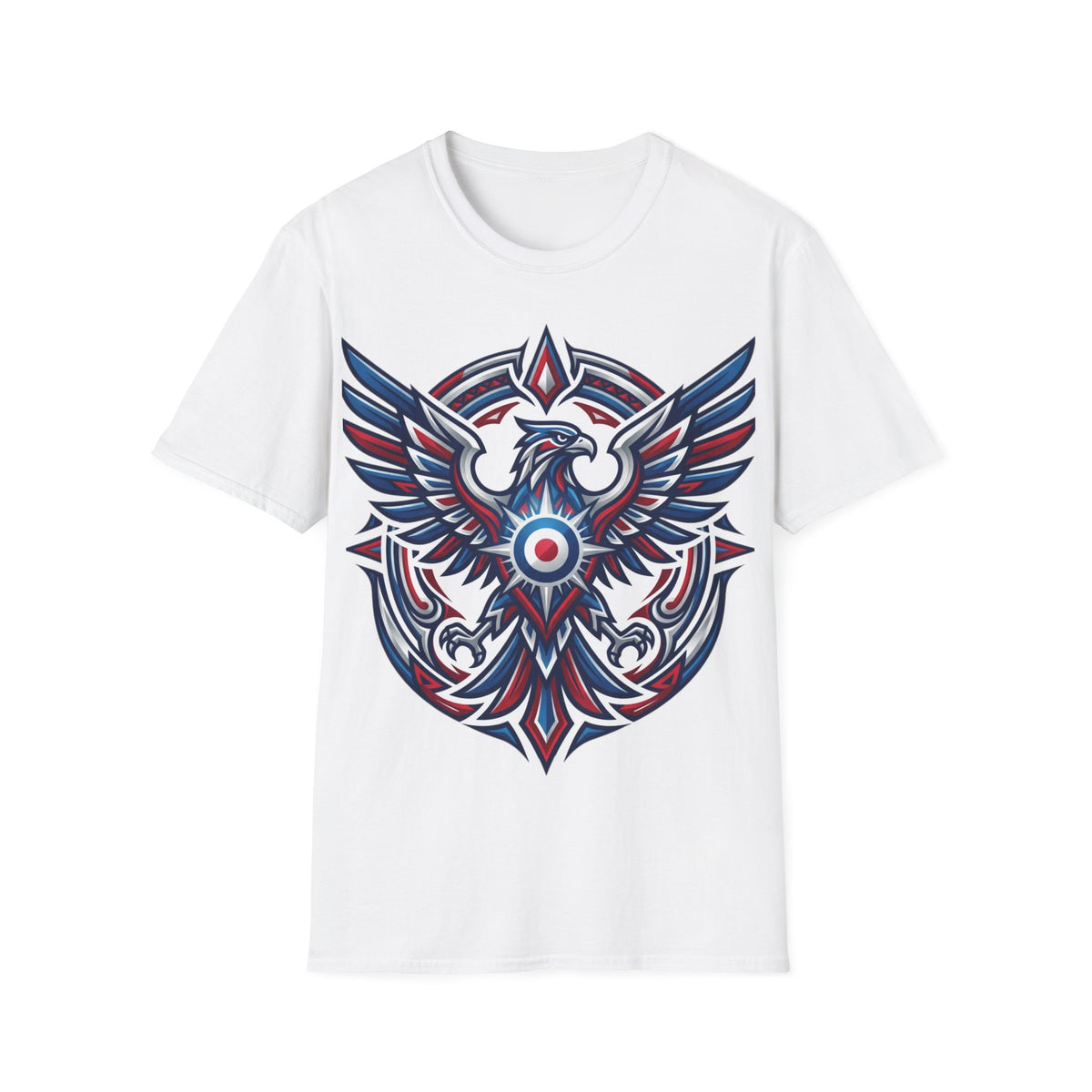 Patriotic Tribal Eagle T-Shirt – Red White Blue Heraldic Graphic Tee