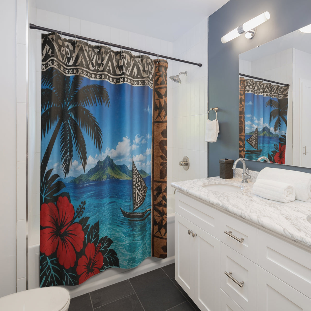 Tropical Island Shower Curtain – Hawaiian Hibiscus, Palm Trees & Tiki Border