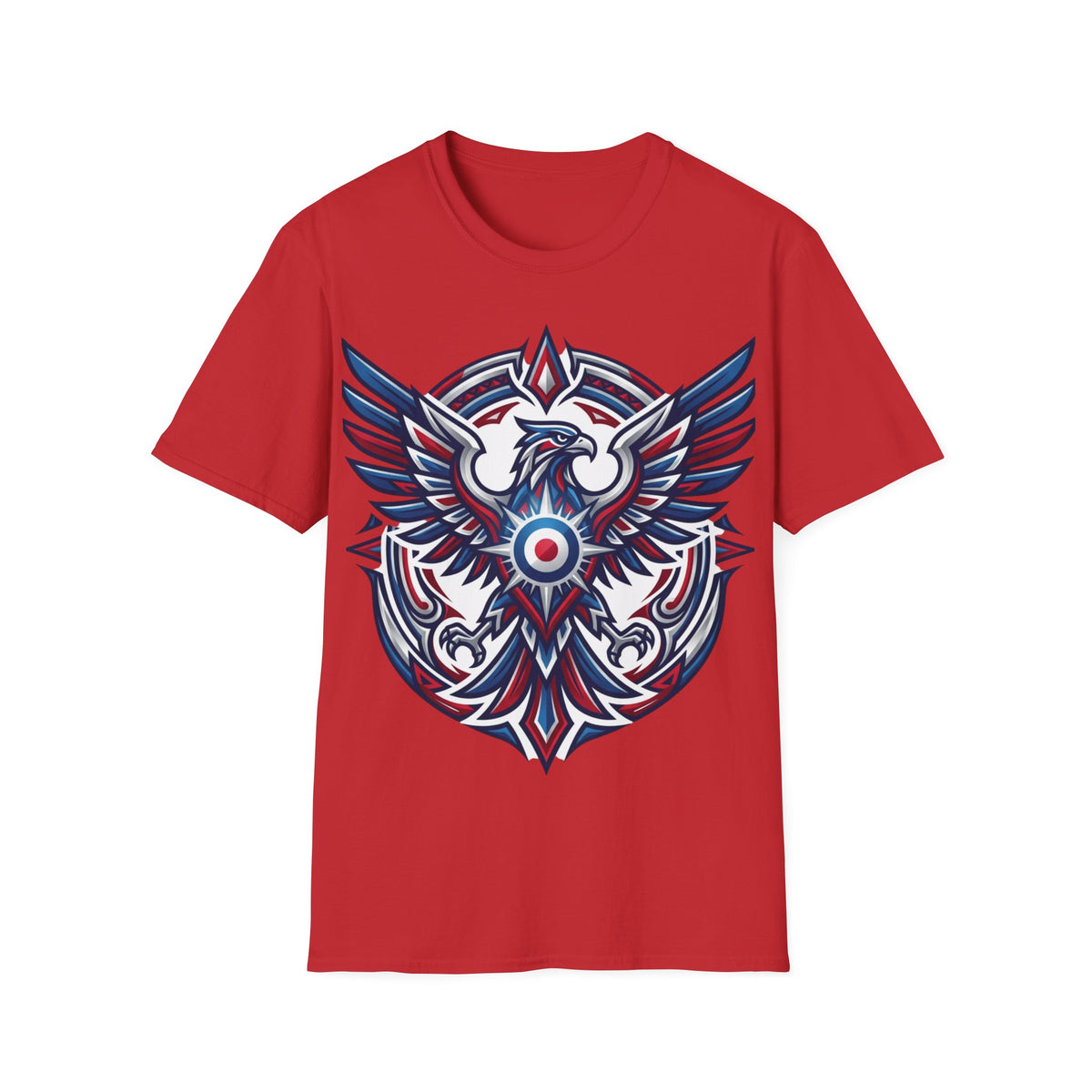 Patriotic Tribal Eagle T-Shirt – Red White Blue Heraldic Graphic Tee