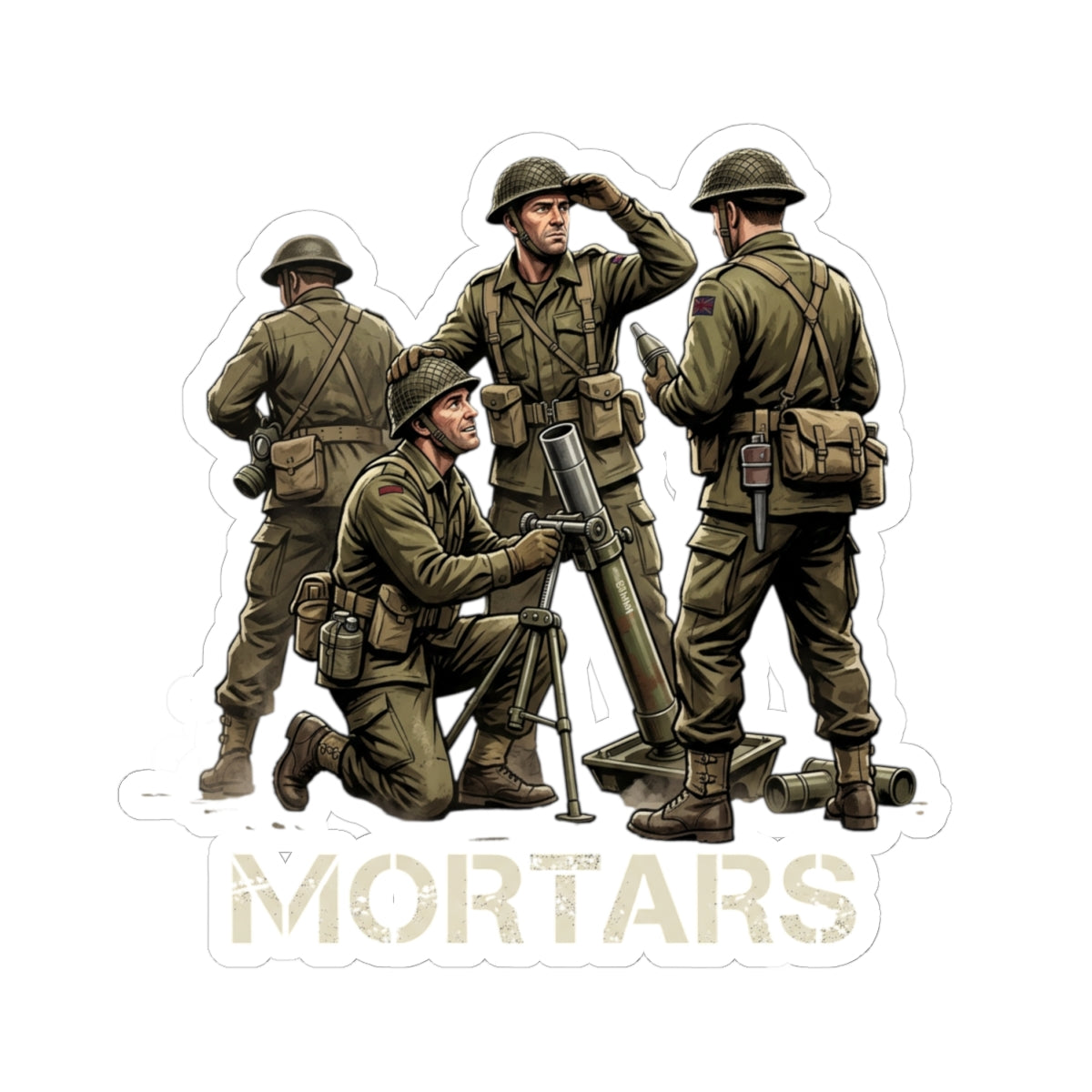 Mortars Military Sticker — WWII Soldiers Illustration Kiss-Cut Decal