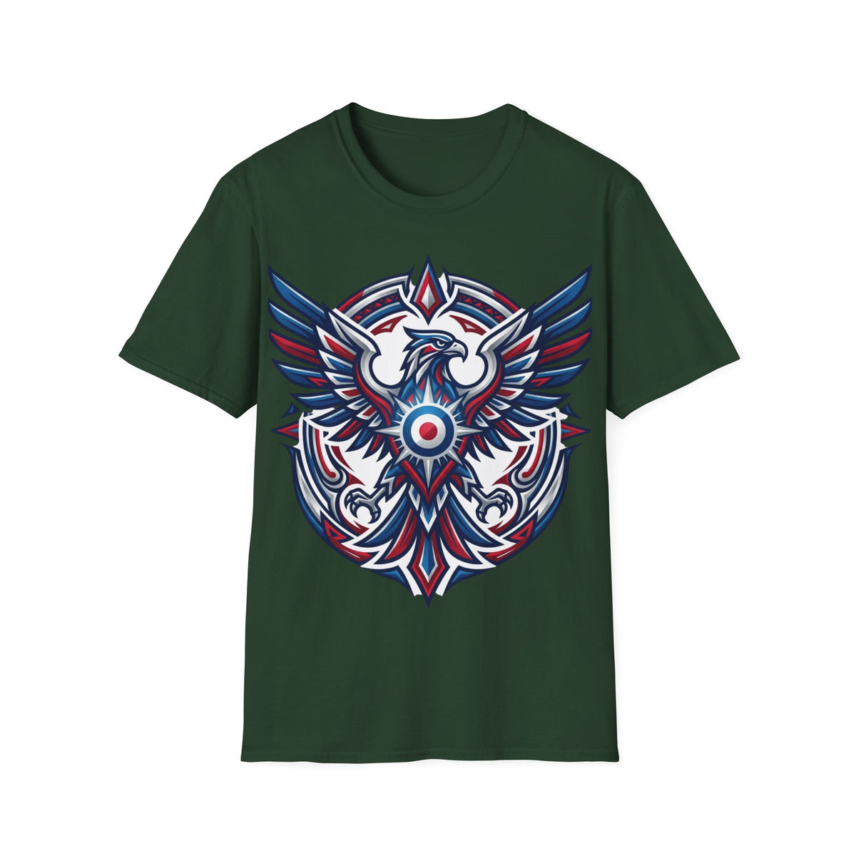 Patriotic Tribal Eagle T-Shirt – Red White Blue Heraldic Graphic Tee