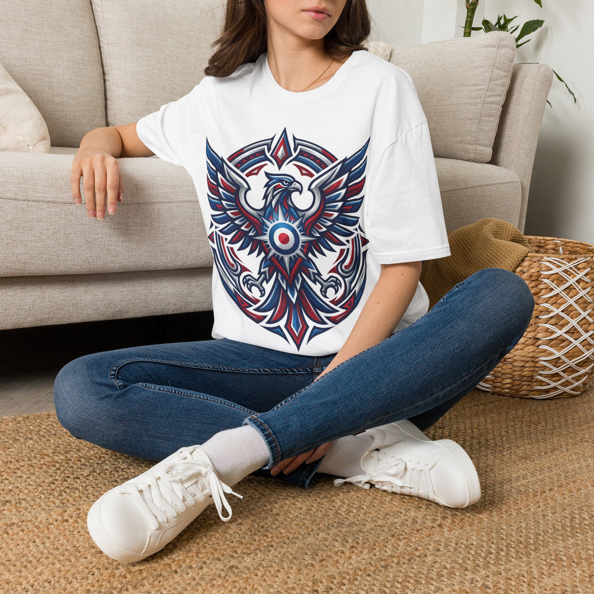 Patriotic Tribal Eagle T-Shirt – Red White Blue Heraldic Graphic Tee