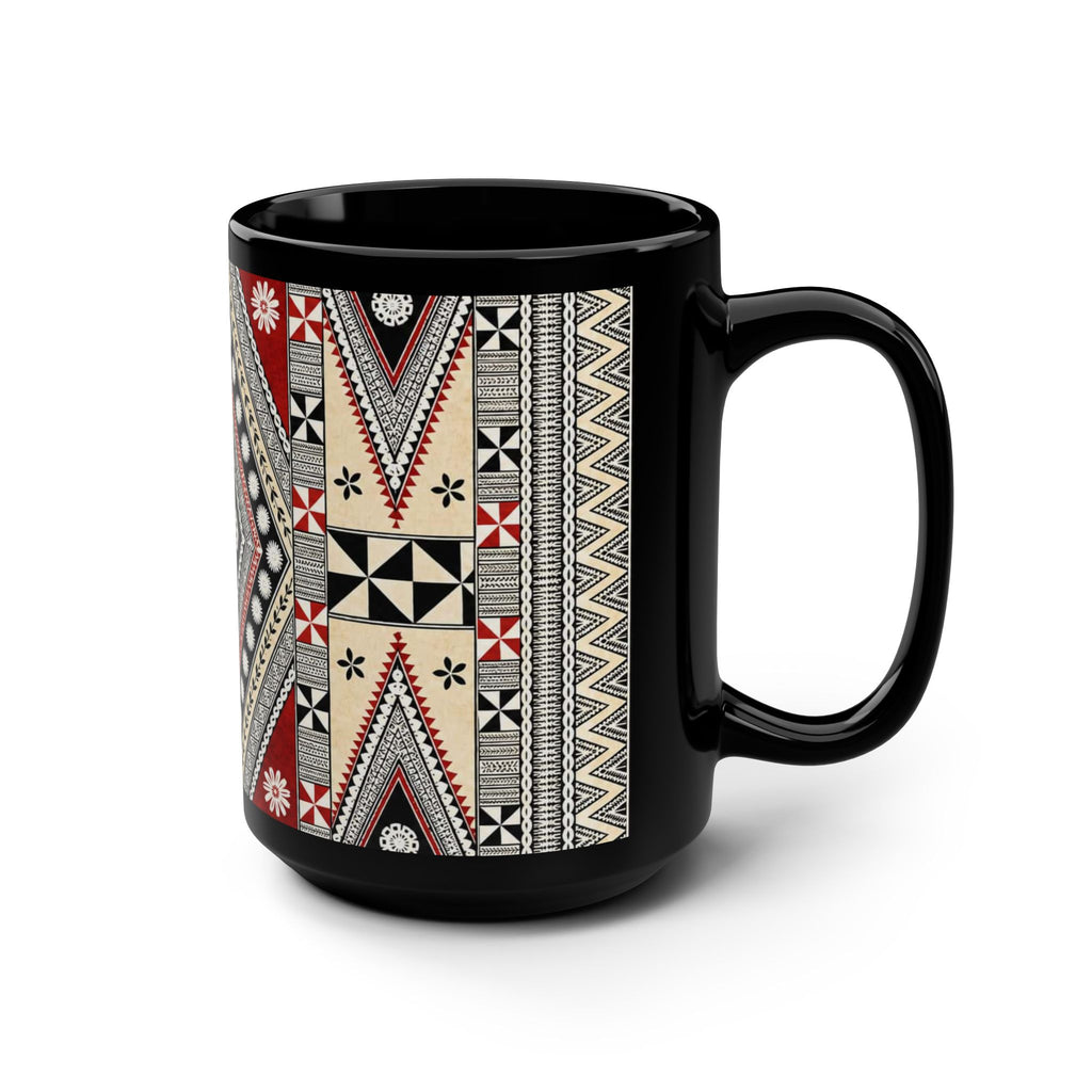 15oz Black Mug — Red & Black Tribal Geometric Pattern Coffee Cup