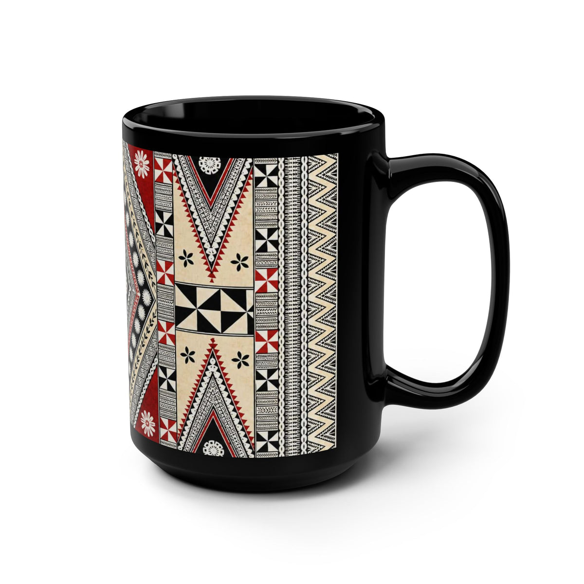 15oz Black Mug — Red & Black Tribal Geometric Pattern Coffee Cup