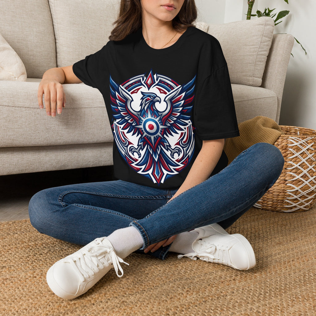 Patriotic Tribal Eagle T-Shirt – Red White Blue Heraldic Graphic Tee