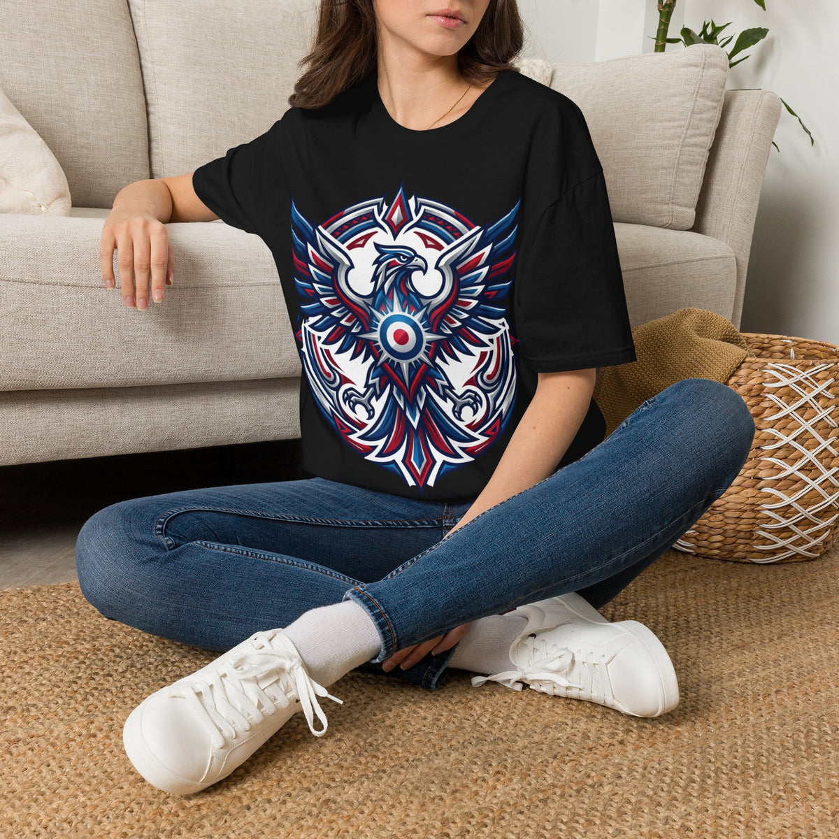 Patriotic Tribal Eagle T-Shirt – Red White Blue Heraldic Graphic Tee
