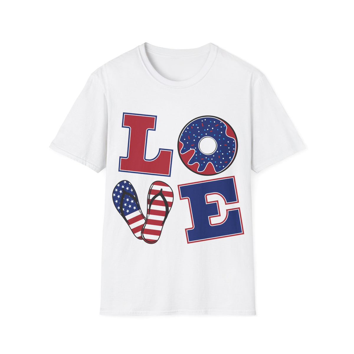 Patriotic LOVE T-Shirt — USA Flag Donut & Flip-Flop Fourth of July Tee