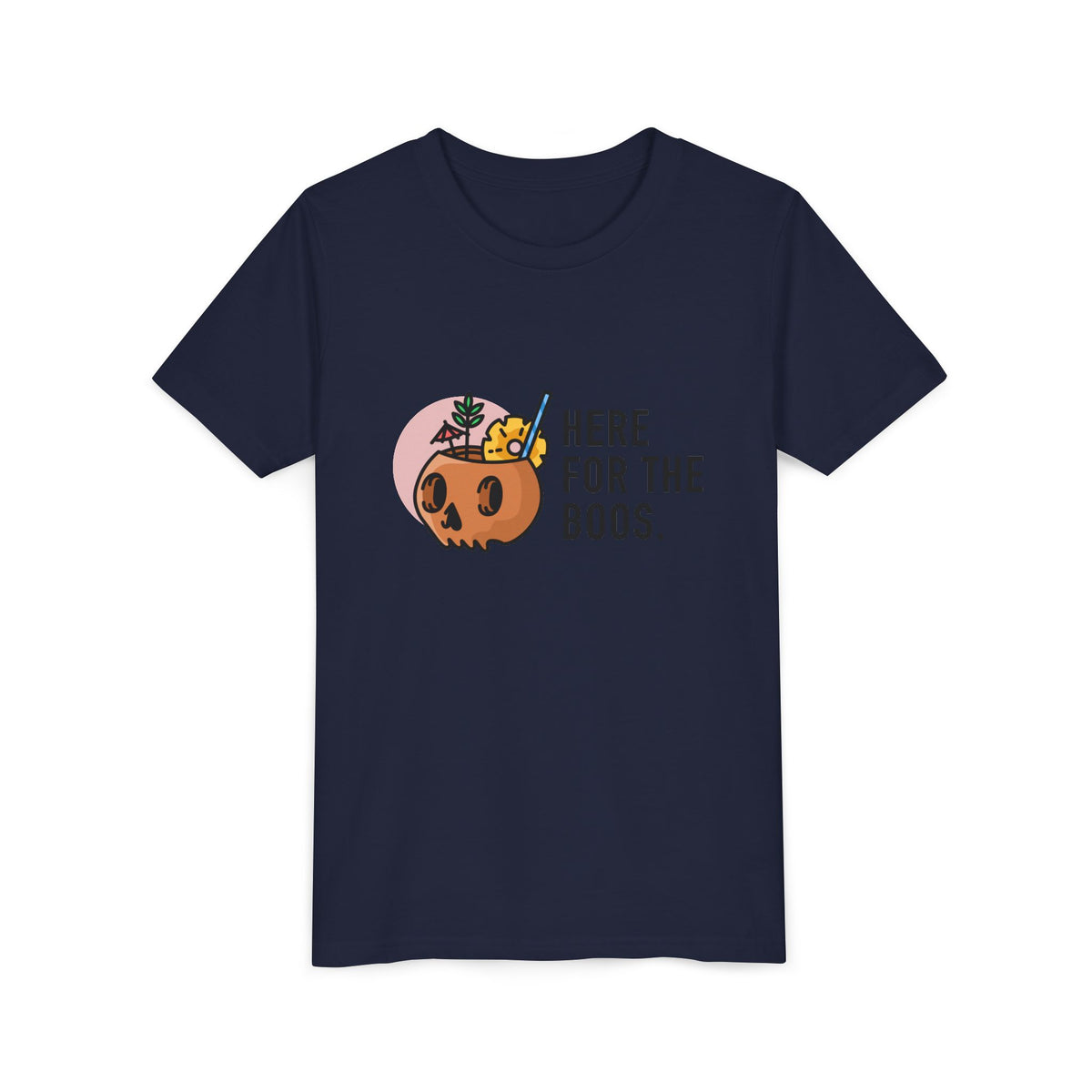 Youth Tee — "Here For The Boos" Halloween Pumpkin Boo Graphic