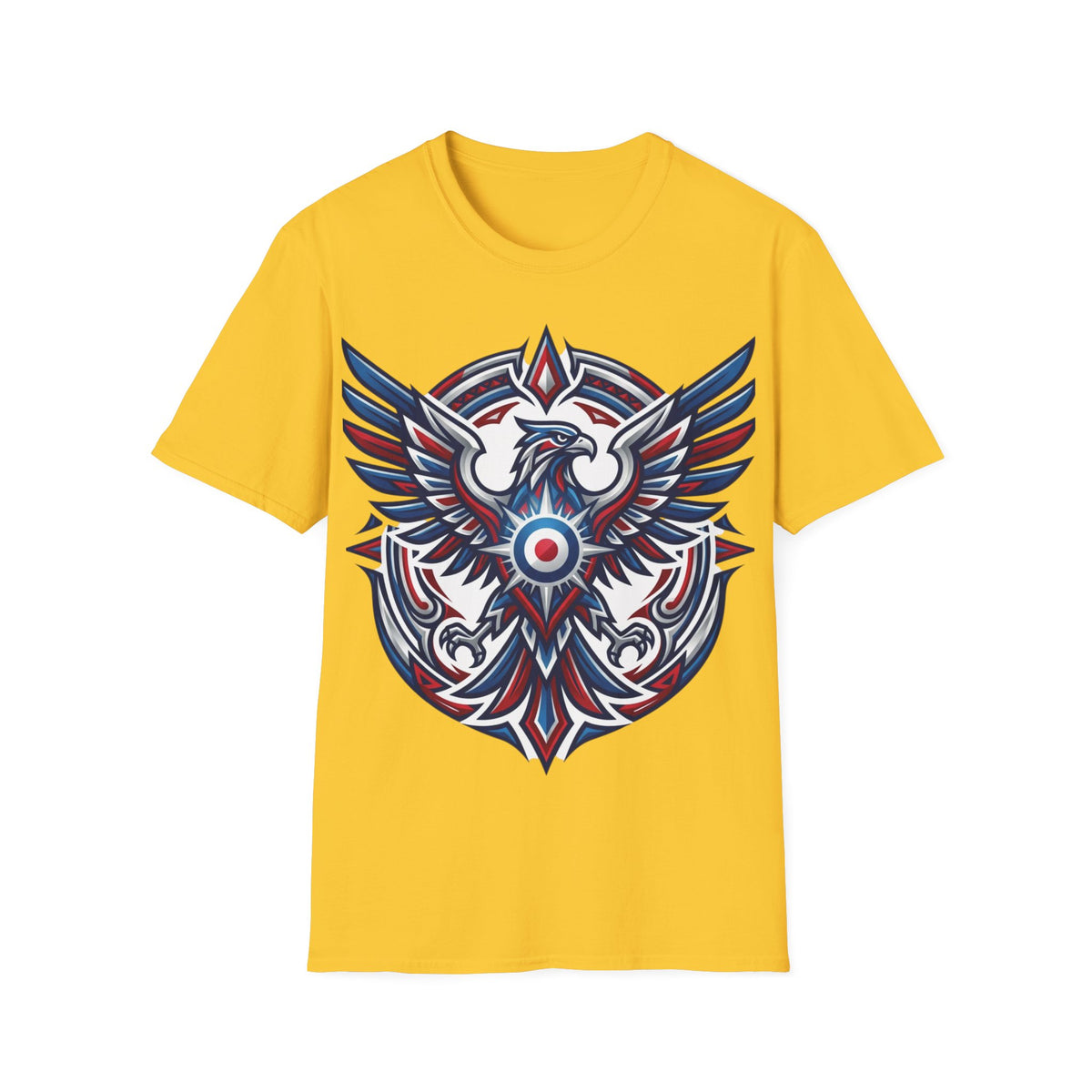 Patriotic Tribal Eagle T-Shirt – Red White Blue Heraldic Graphic Tee