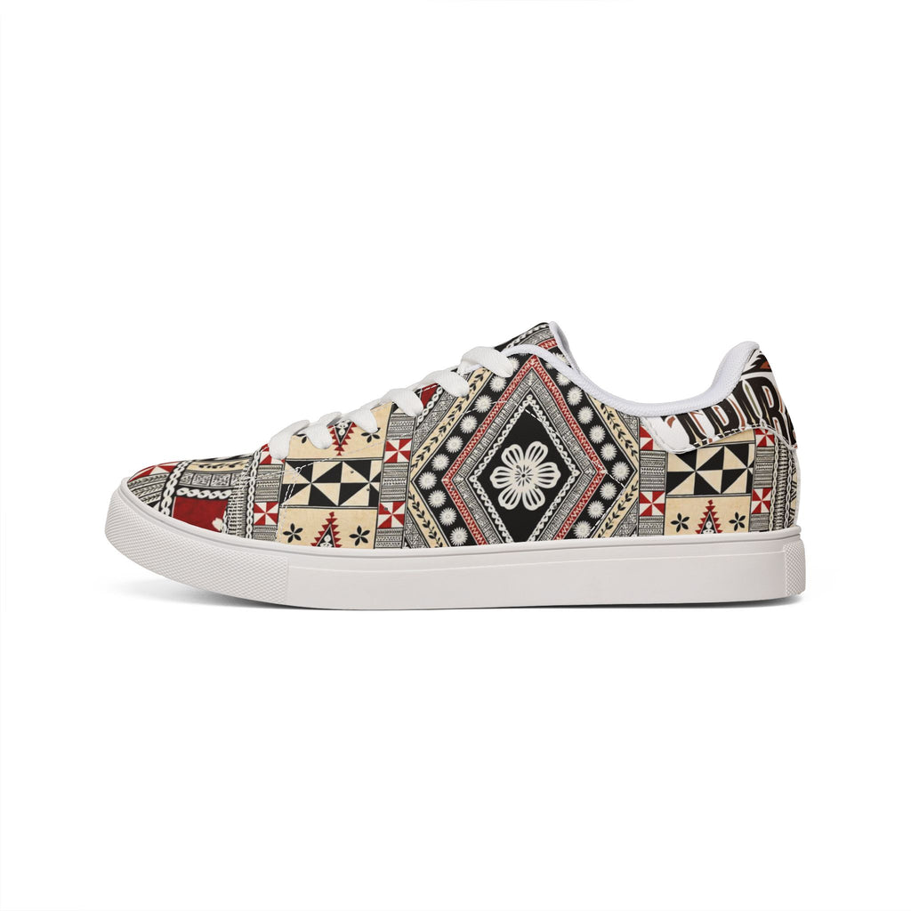 Leather Sneakers — Vintage Tribal Geometric Pattern Low-Top