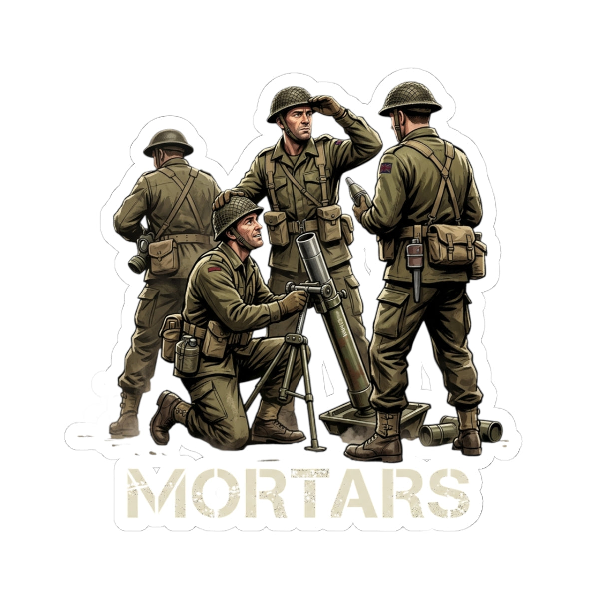 Mortars Military Sticker — WWII Soldiers Illustration Kiss-Cut Decal