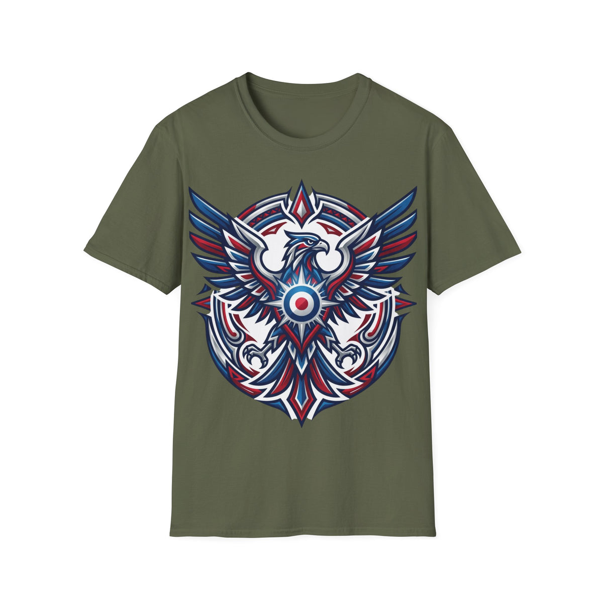 Patriotic Tribal Eagle T-Shirt – Red White Blue Heraldic Graphic Tee
