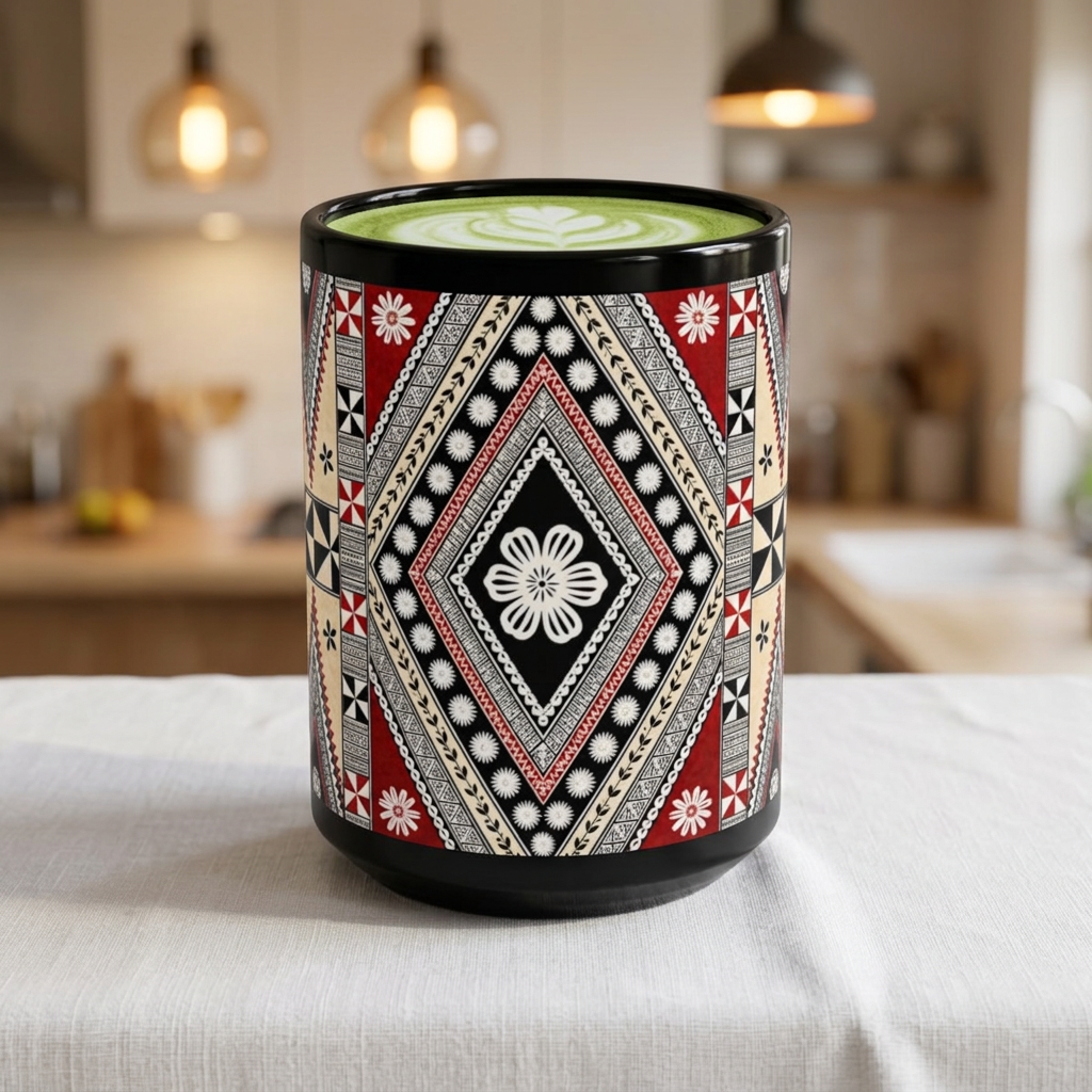 15oz Black Mug — Red & Black Tribal Geometric Pattern Coffee Cup