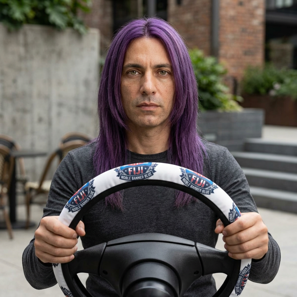Car Steering Wheel Cover — Retro Blue Badge Pattern, All-Season Grip