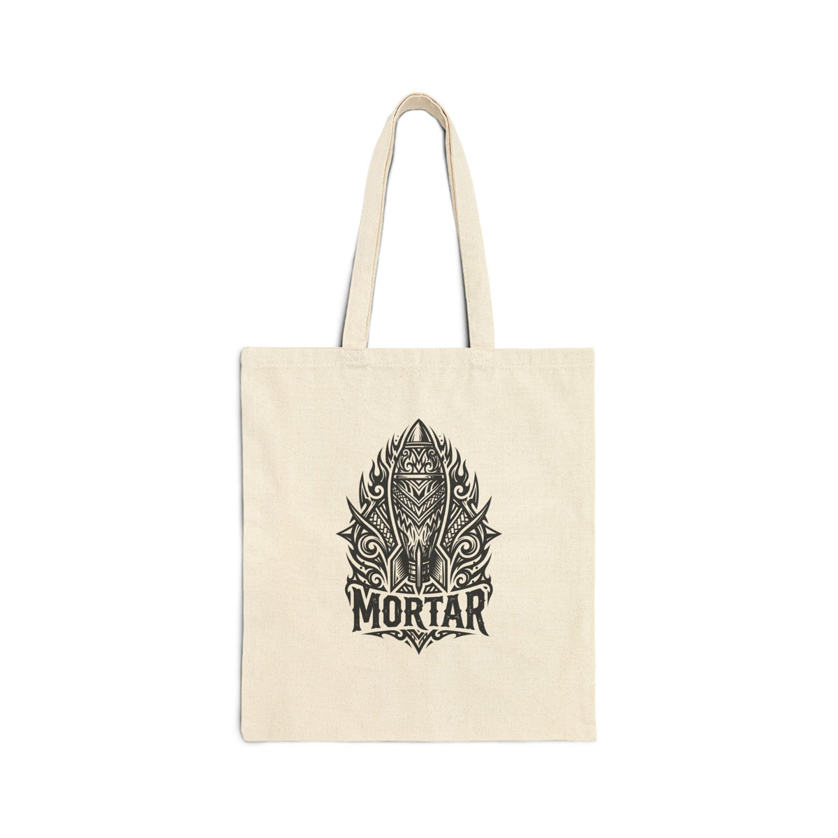 Mortar Shield Canvas Tote Bag — Gothic Skull Emblem Cotton Shopper