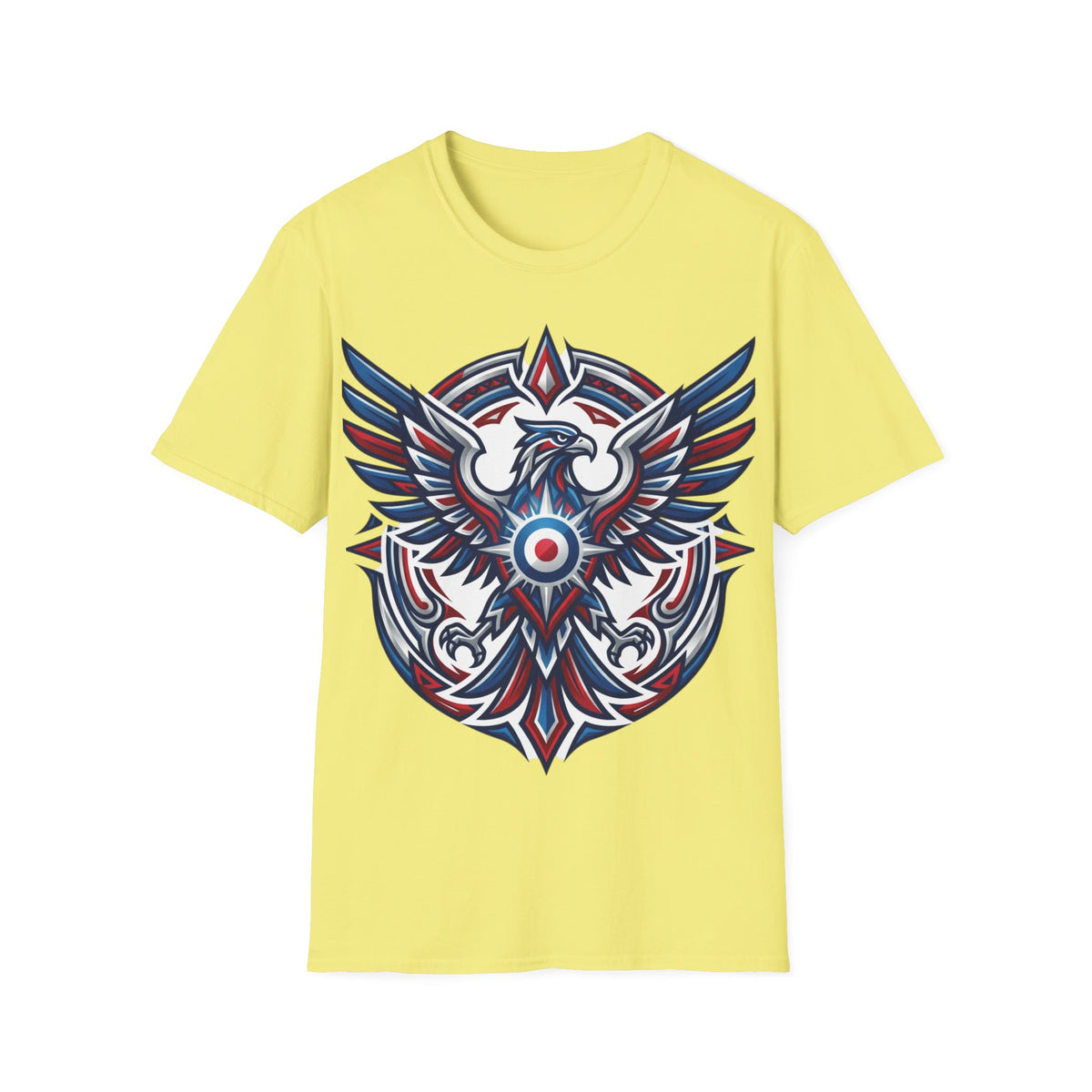 Patriotic Tribal Eagle T-Shirt – Red White Blue Heraldic Graphic Tee