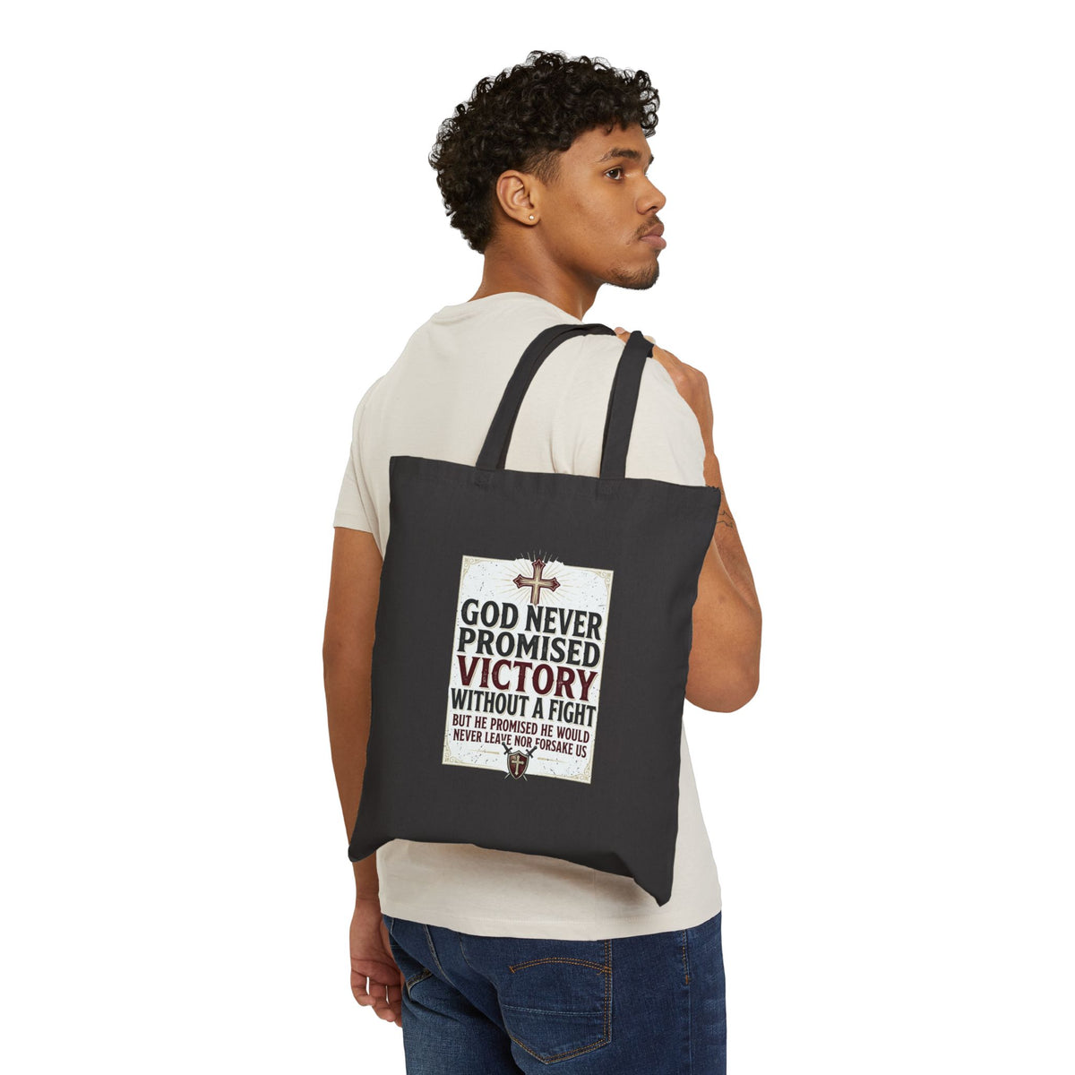 Christian Canvas Tote Bag - "God Never Promised Victory Without A Fight" Inspirational Reusable Shopper
