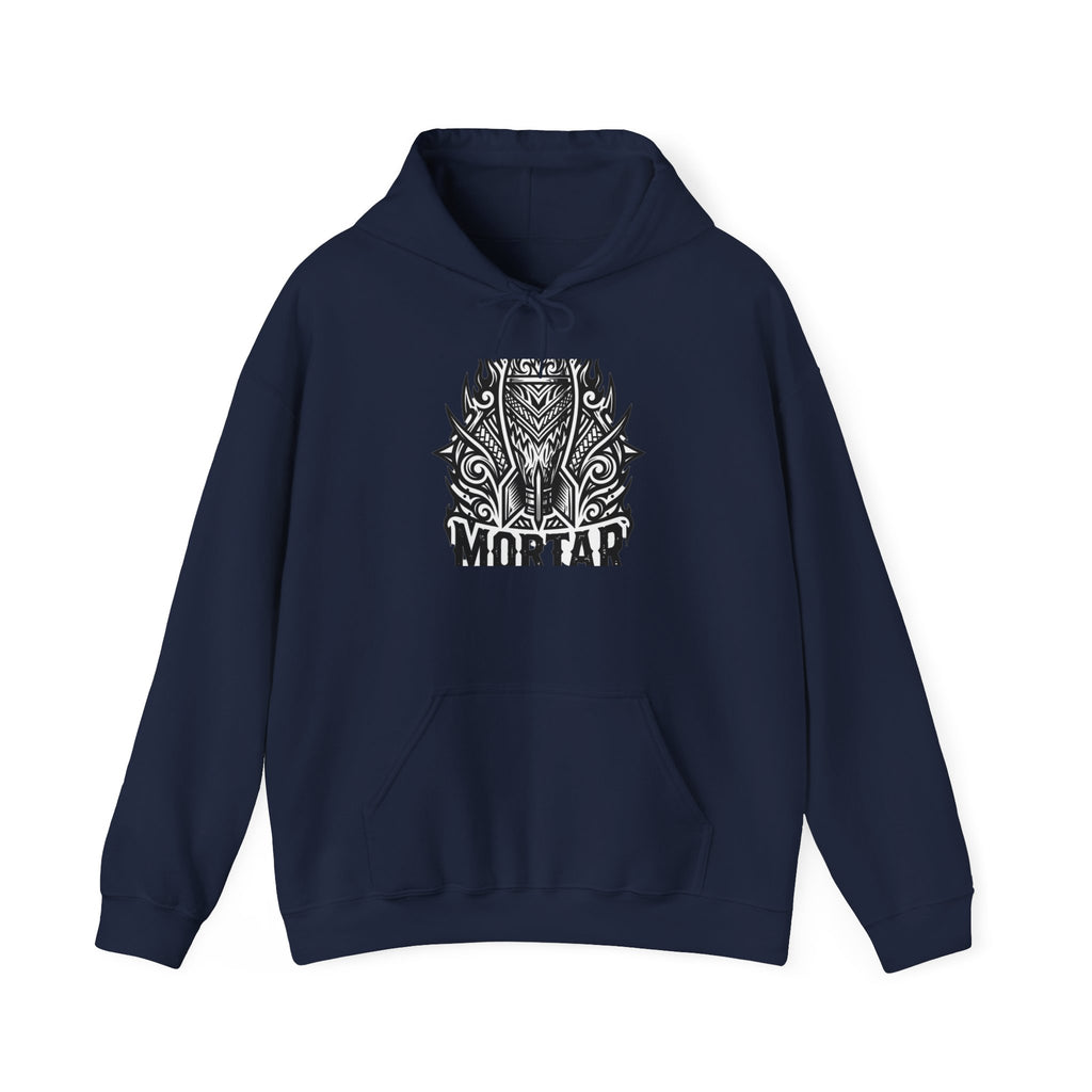 Mortar Tribal Hoodie — Intricate Black Aztec Shield Design