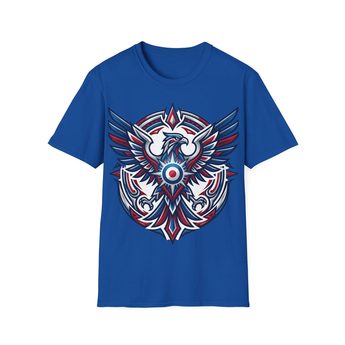 Patriotic Tribal Eagle T-Shirt – Red White Blue Heraldic Graphic Tee