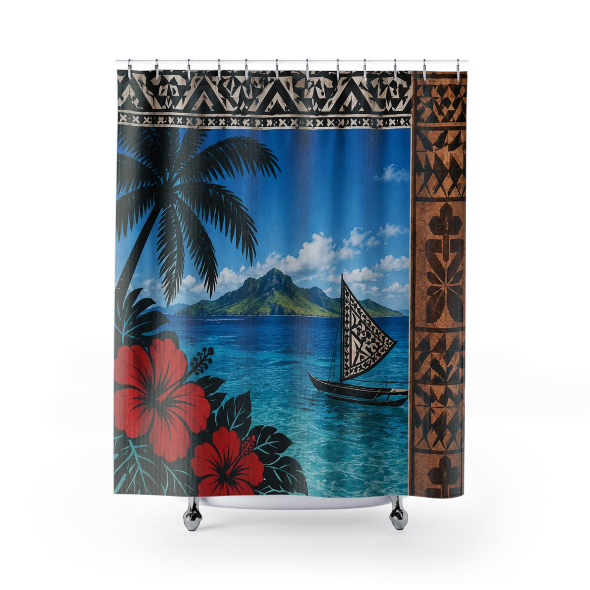Tropical Island Shower Curtain – Hawaiian Hibiscus, Palm Trees & Tiki Border