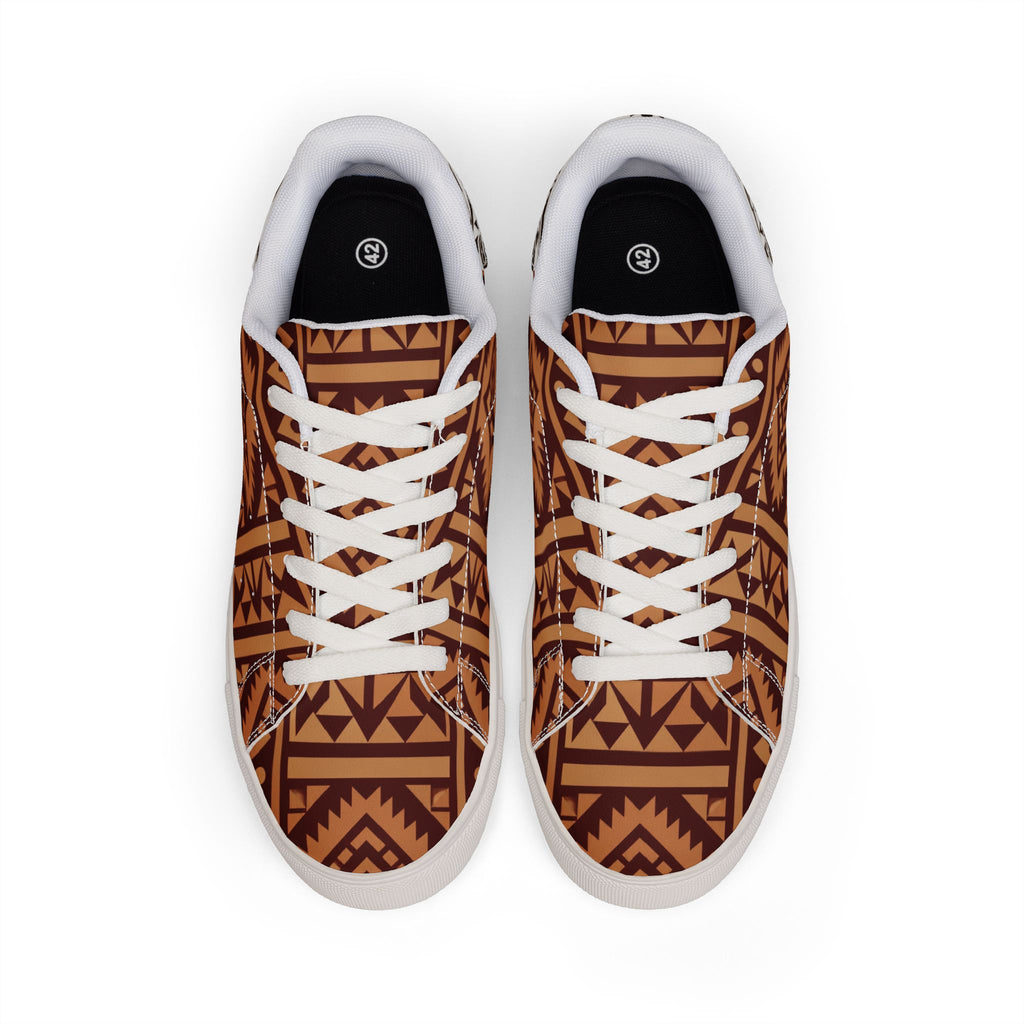 Men's Aztec Pattern Leather Sneakers — Brown Tribal Low-Top Casual Shoes