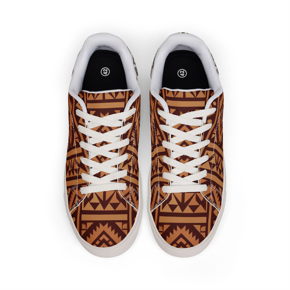 Men's Aztec Pattern Leather Sneakers — Brown Tribal Low-Top Casual Shoes