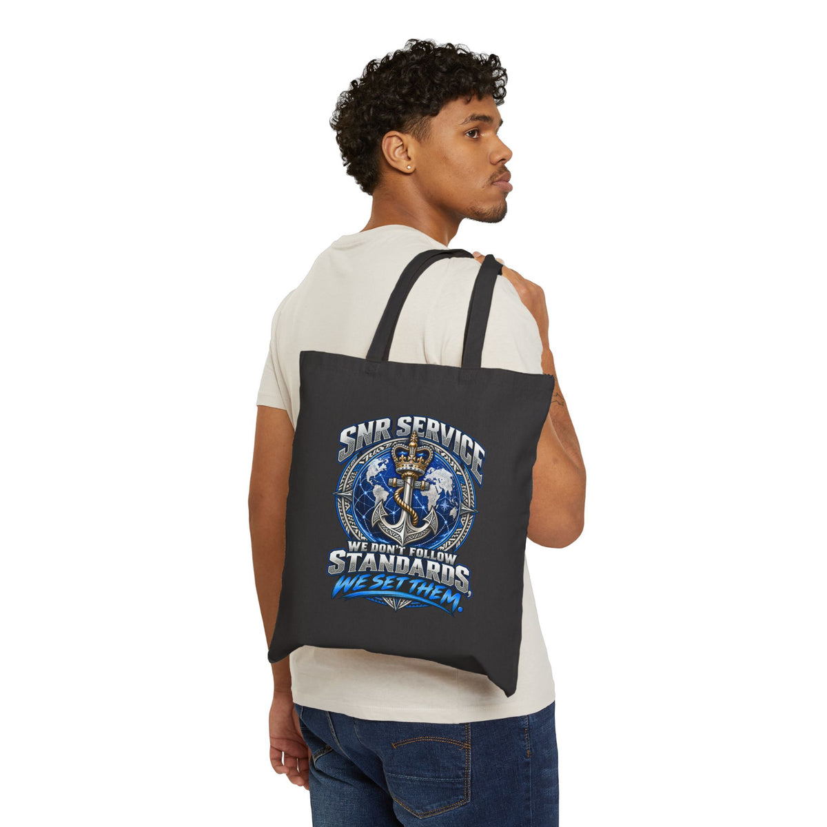 Navy Service Anchor Tote Bag — "We Don’t Follow Standards, We Set Them" Cotton Canvas Tote