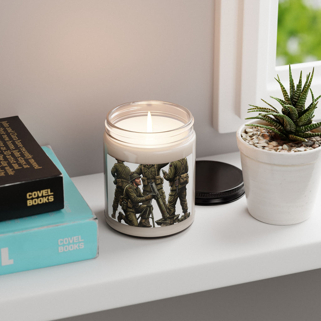 Veteran Tribute Soy Candle — 9oz Scented Candle with Soldiers Illustration