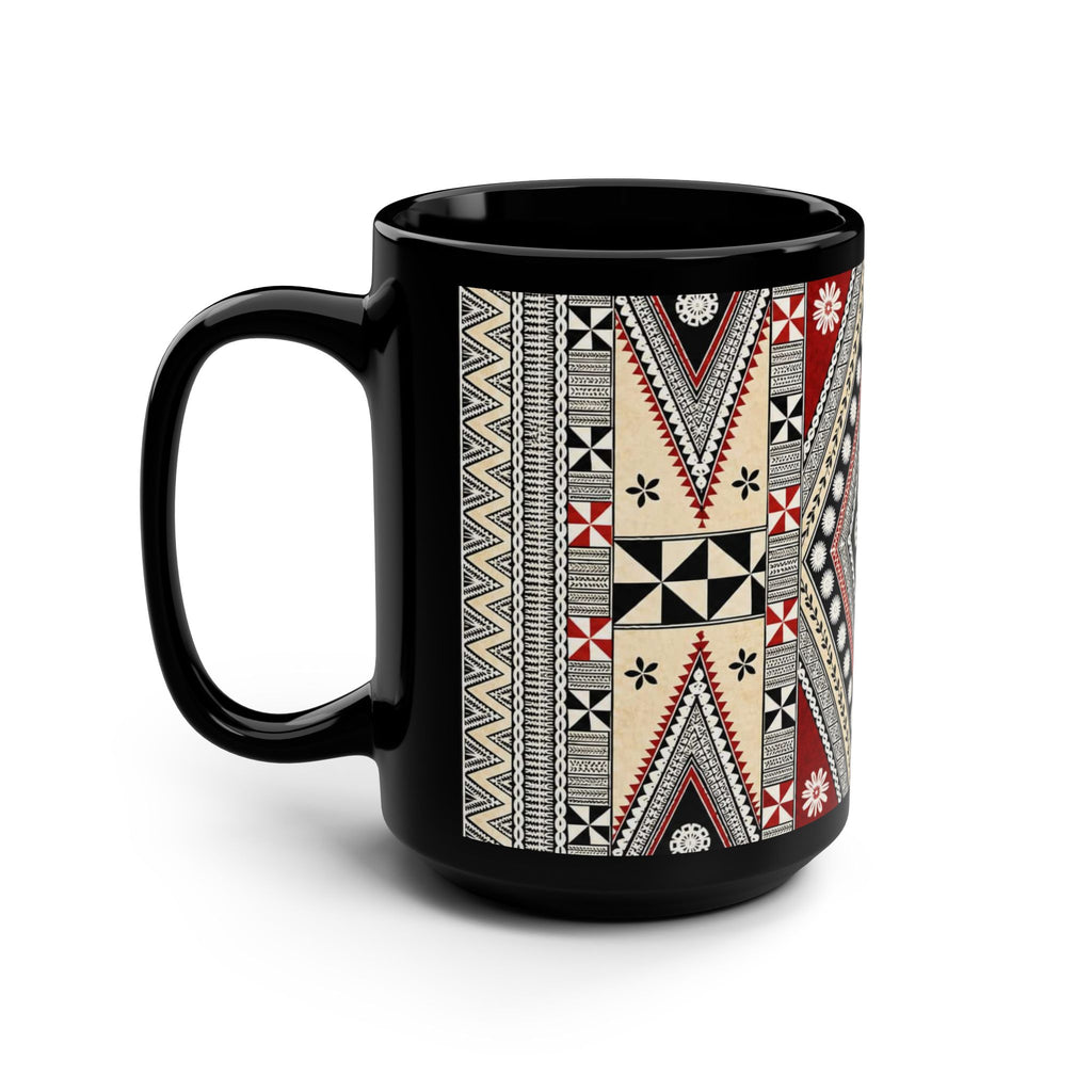 15oz Black Mug — Red & Black Tribal Geometric Pattern Coffee Cup