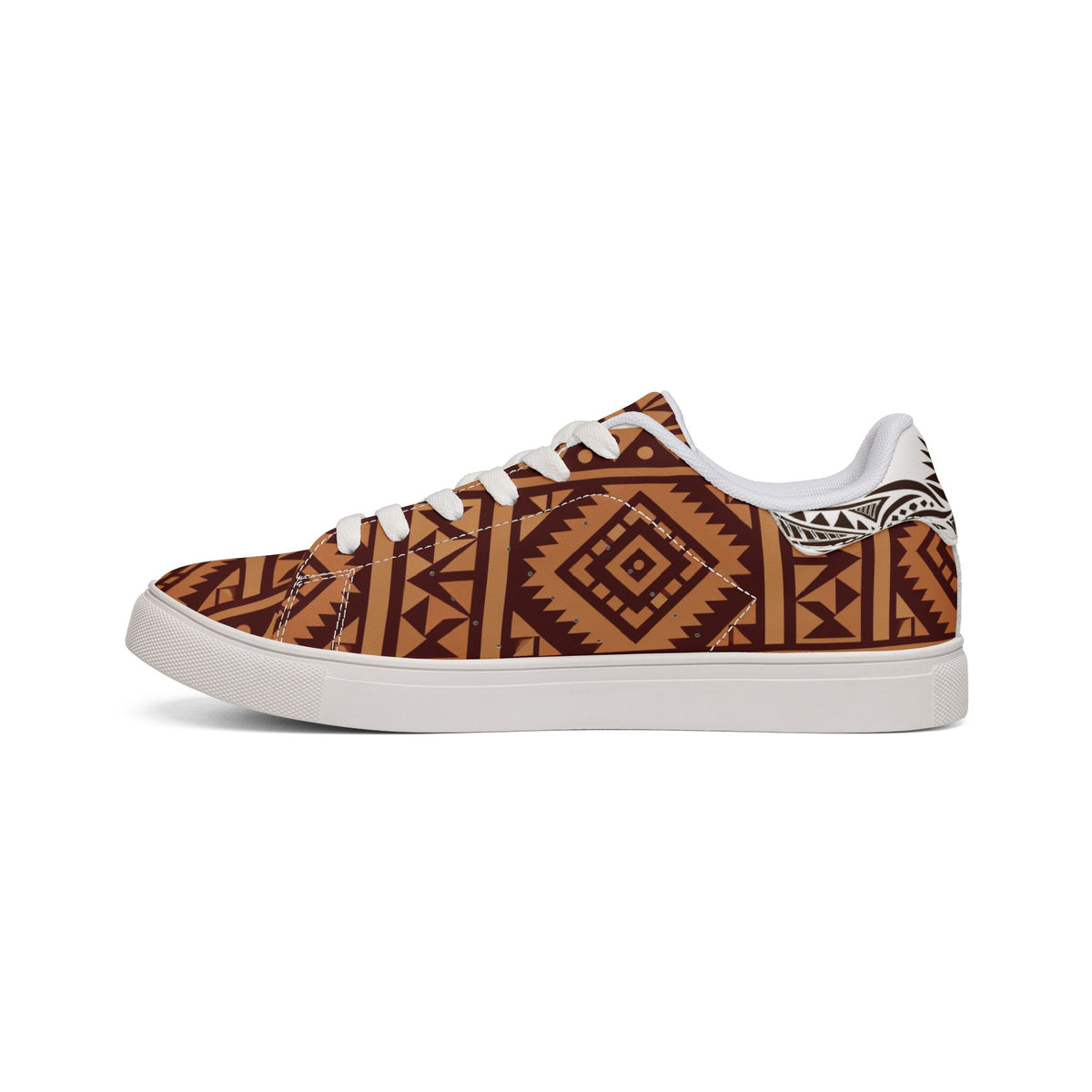 Men's Aztec Pattern Leather Sneakers — Brown Tribal Low-Top Casual Shoes
