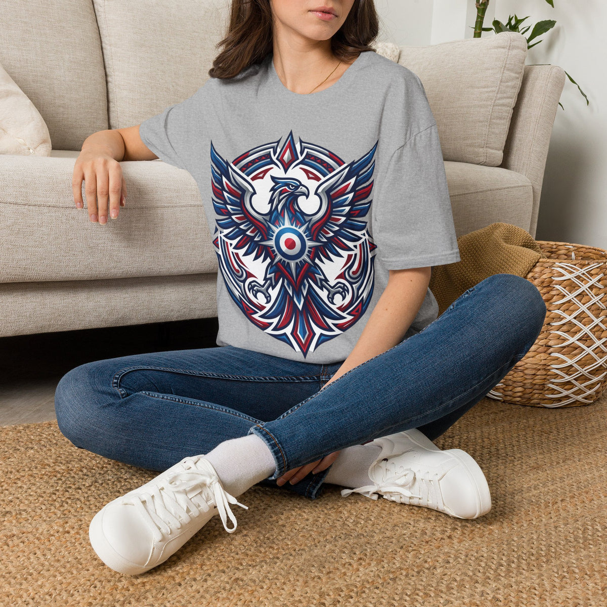 Patriotic Tribal Eagle T-Shirt – Red White Blue Heraldic Graphic Tee