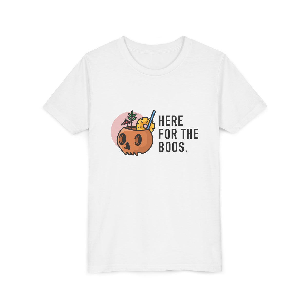 Youth Tee — "Here For The Boos" Halloween Pumpkin Boo Graphic