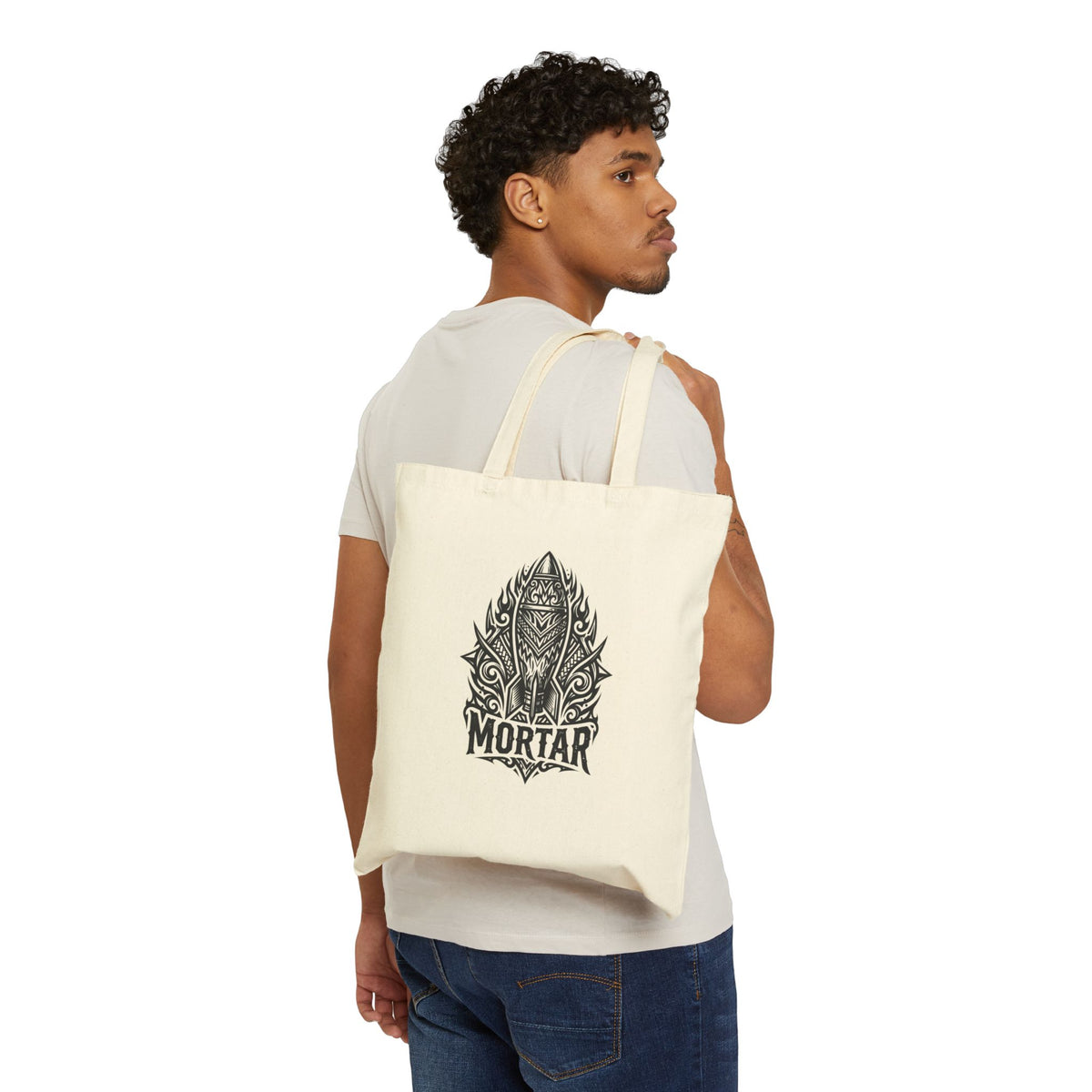 Mortar Shield Canvas Tote Bag — Gothic Skull Emblem Cotton Shopper