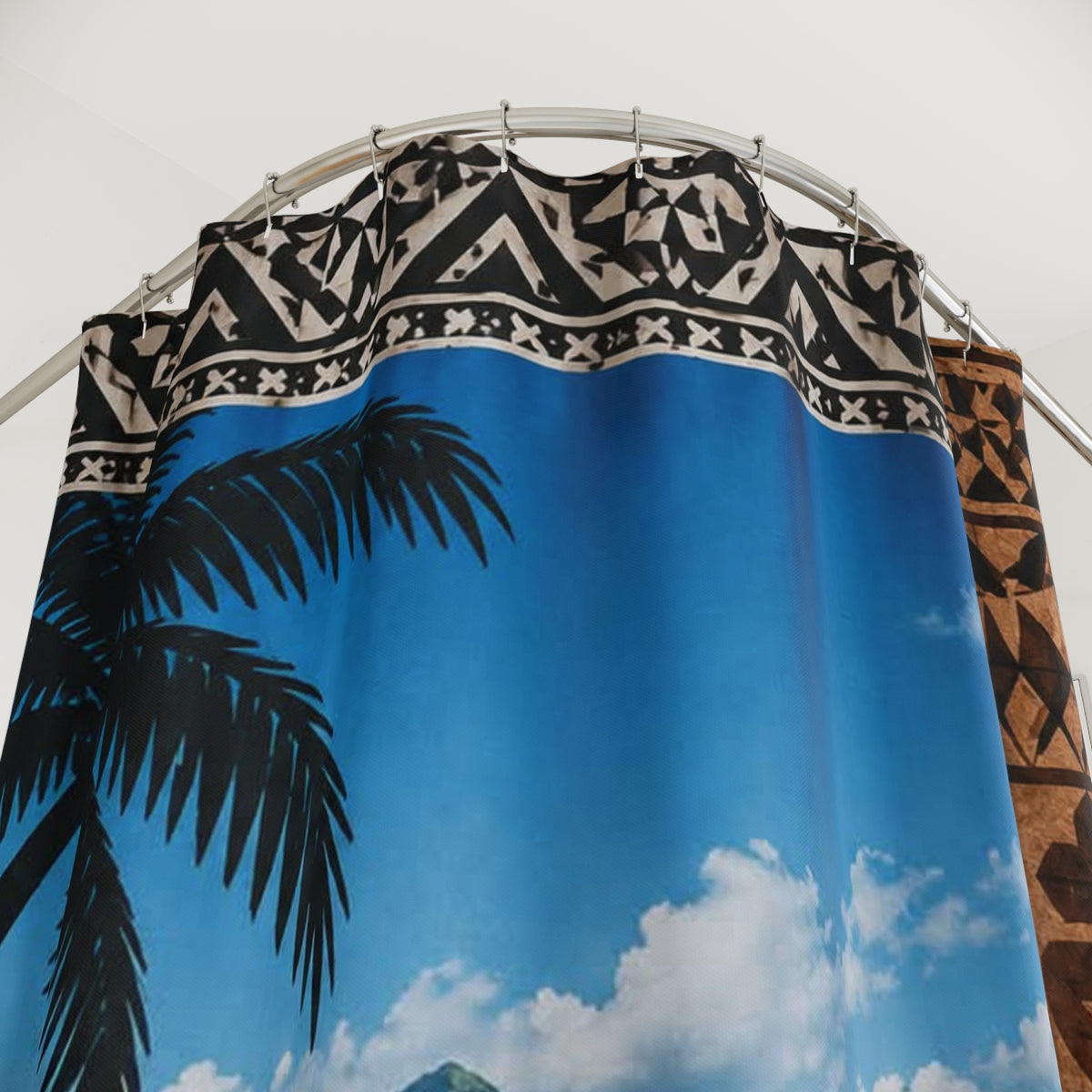 Tropical Island Shower Curtain – Hawaiian Hibiscus, Palm Trees & Tiki Border