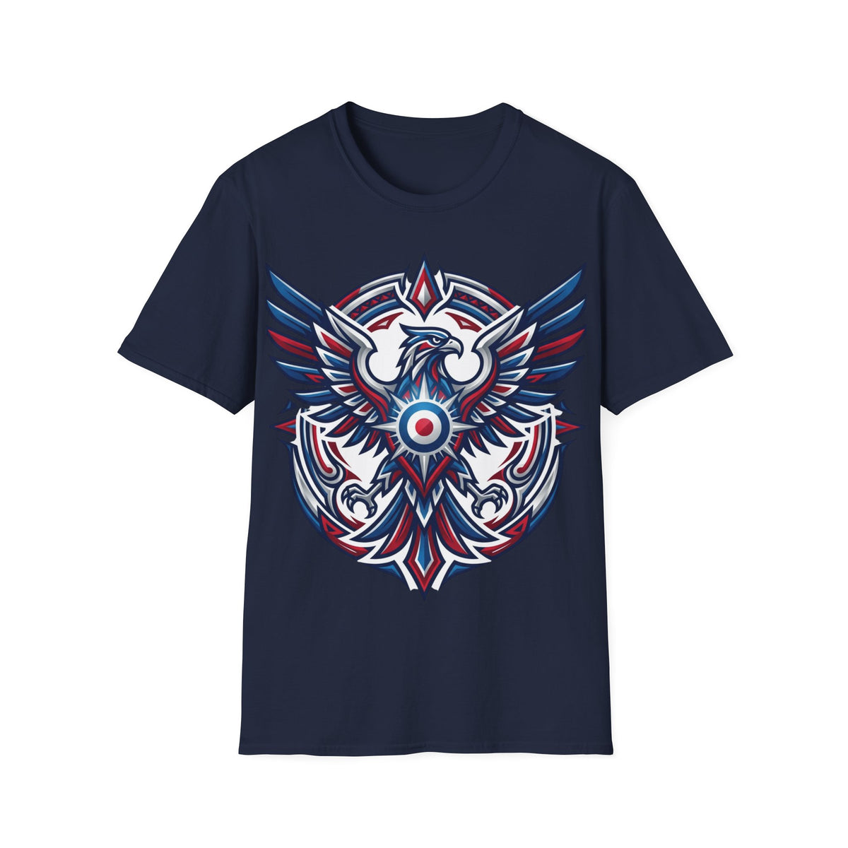 Patriotic Tribal Eagle T-Shirt – Red White Blue Heraldic Graphic Tee