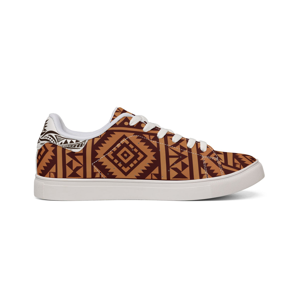 Men's Aztec Pattern Leather Sneakers — Brown Tribal Low-Top Casual Shoes