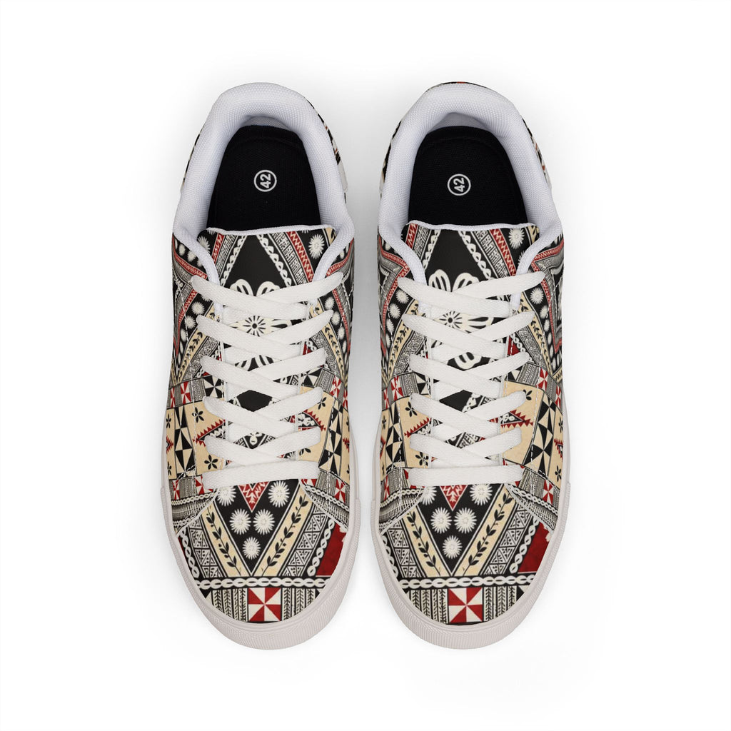 Leather Sneakers — Vintage Tribal Geometric Pattern Low-Top