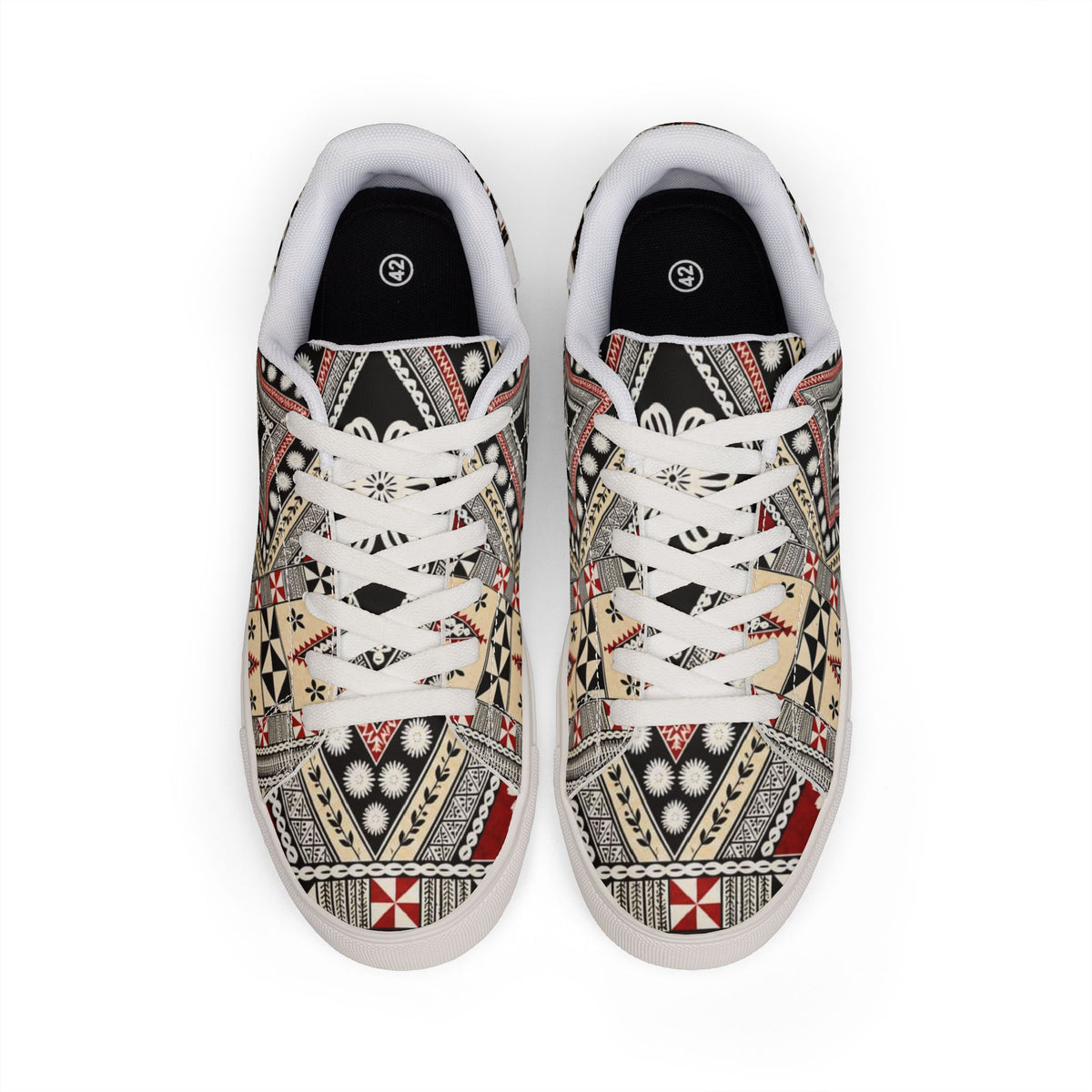 Leather Sneakers — Vintage Tribal Geometric Pattern Low-Top