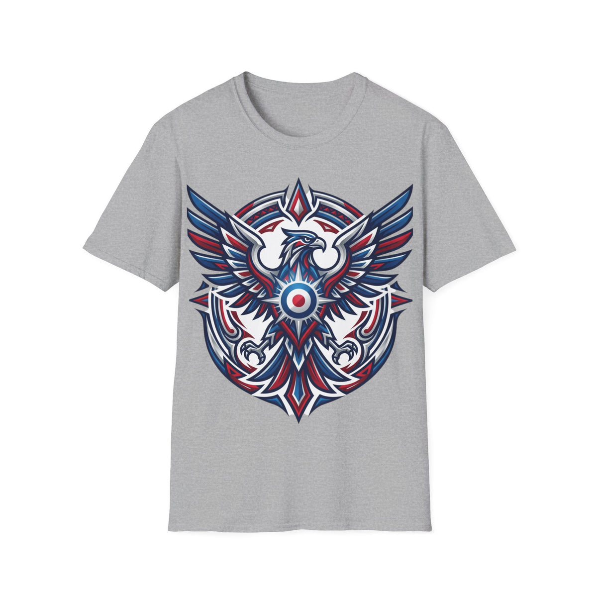 Patriotic Tribal Eagle T-Shirt – Red White Blue Heraldic Graphic Tee