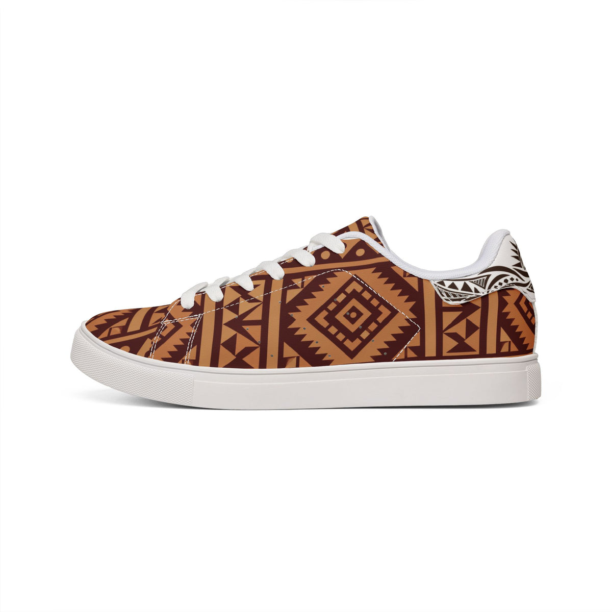 Men's Aztec Pattern Leather Sneakers — Brown Tribal Low-Top Casual Shoes
