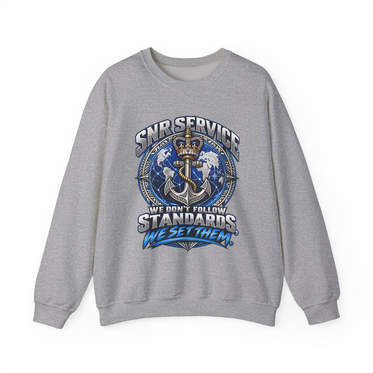 Crewneck Sweatshirt - SNR Service 'We Don't Follow Standards, We Set Them' Nautical Anchor Graphic