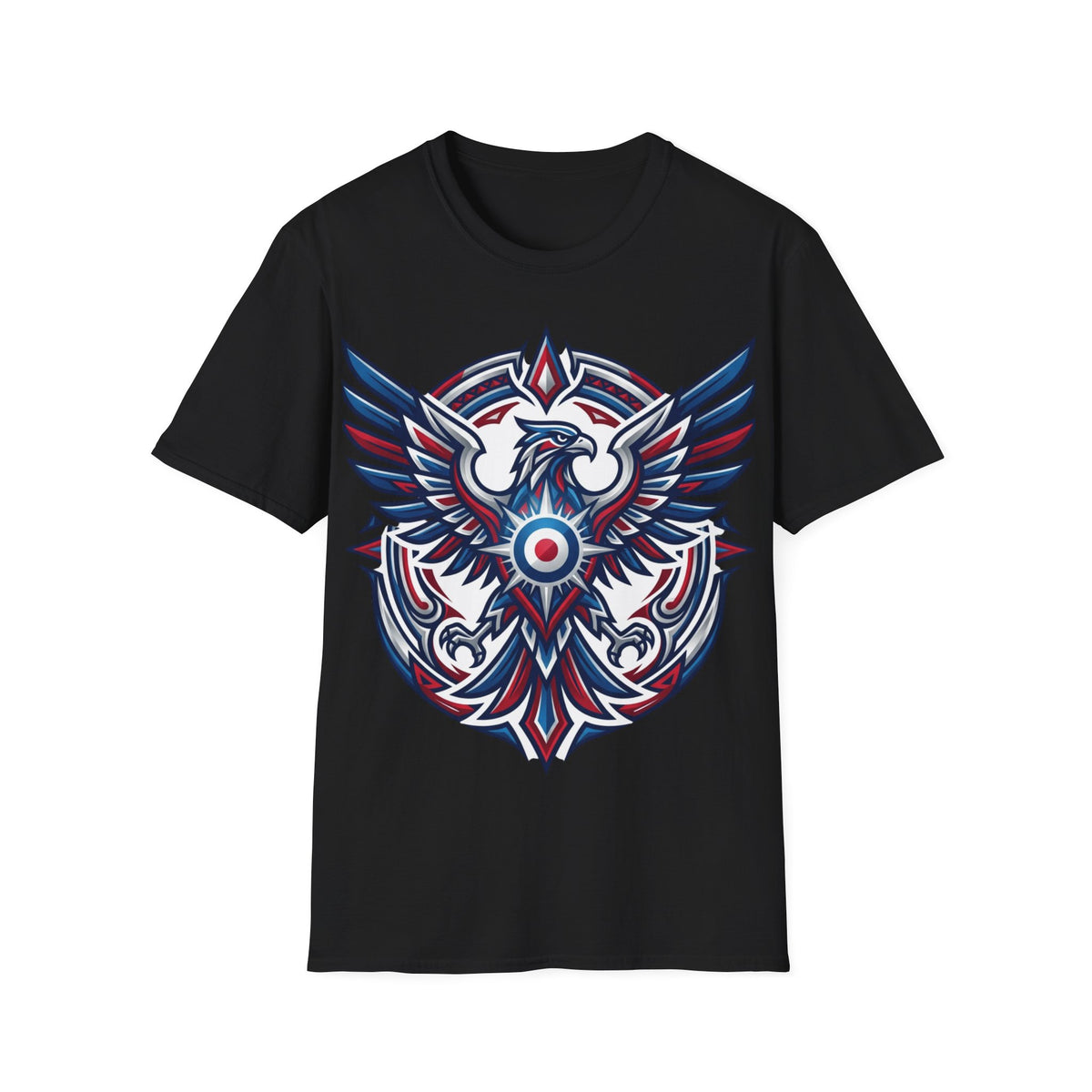 Patriotic Tribal Eagle T-Shirt – Red White Blue Heraldic Graphic Tee