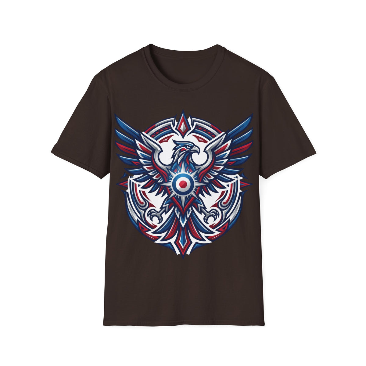Patriotic Tribal Eagle T-Shirt – Red White Blue Heraldic Graphic Tee