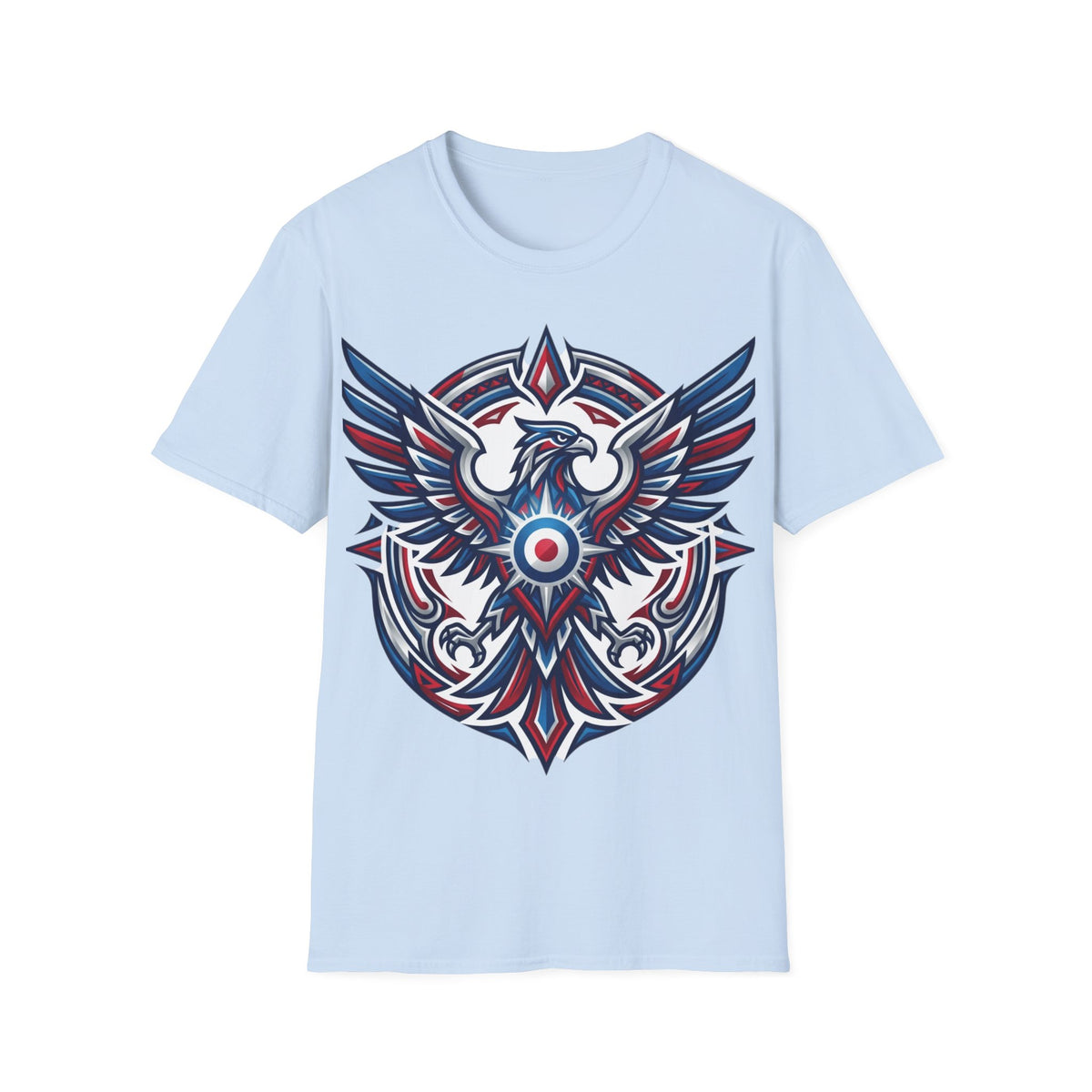 Patriotic Tribal Eagle T-Shirt – Red White Blue Heraldic Graphic Tee