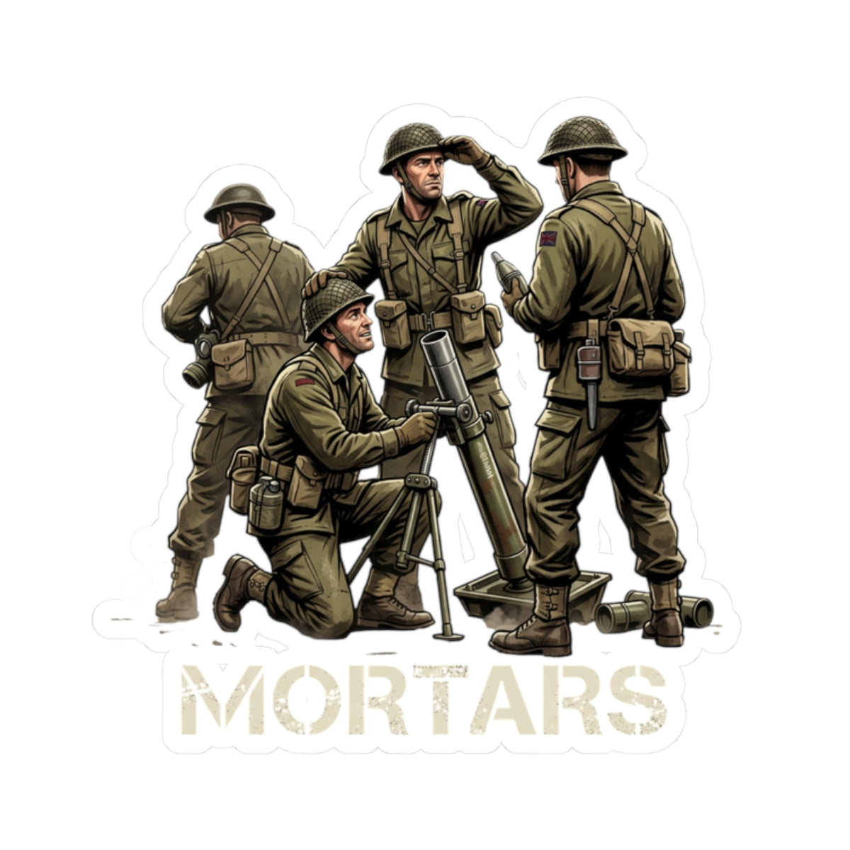 Mortars Military Sticker — WWII Soldiers Illustration Kiss-Cut Decal