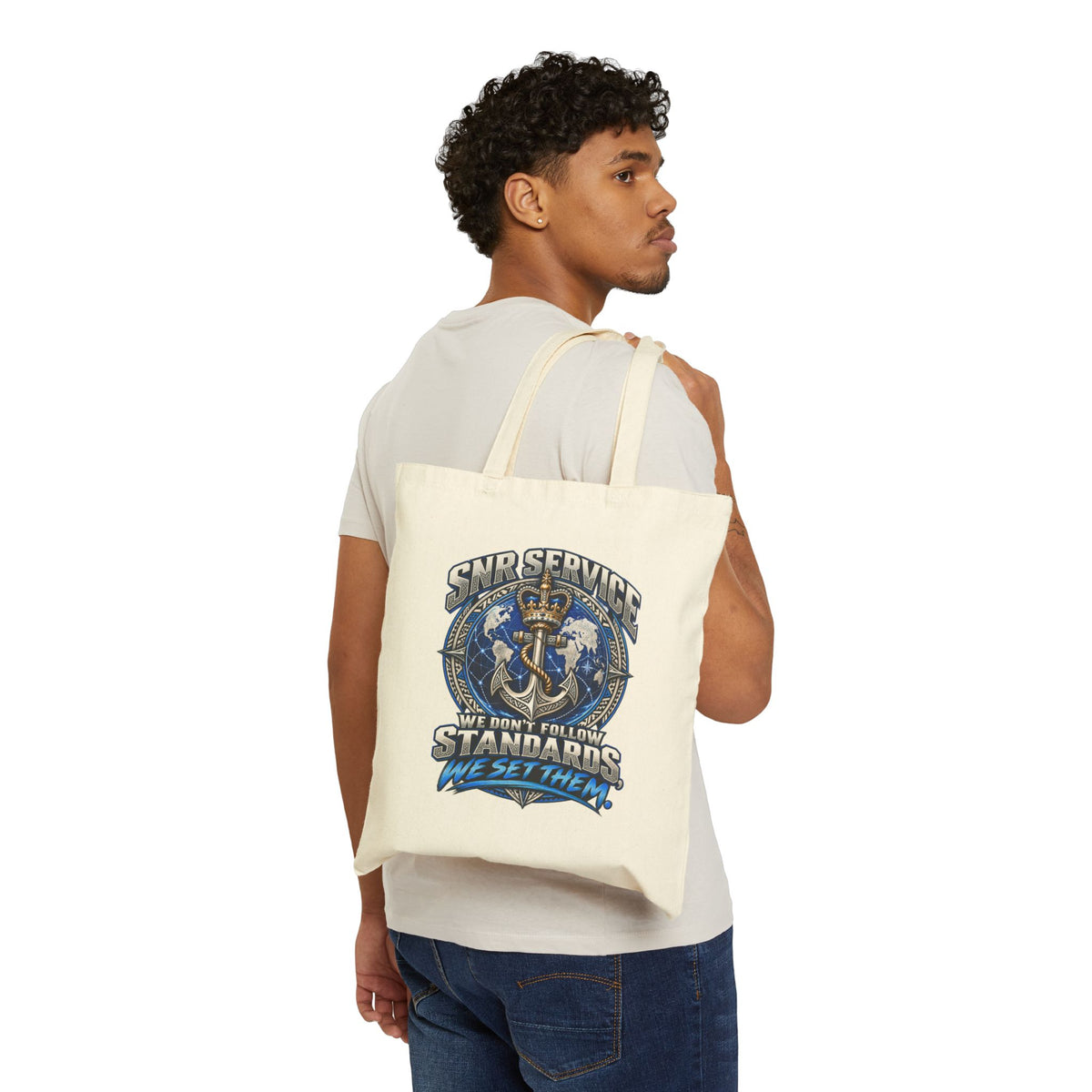 Navy Service Anchor Tote Bag — "We Don’t Follow Standards, We Set Them" Cotton Canvas Tote