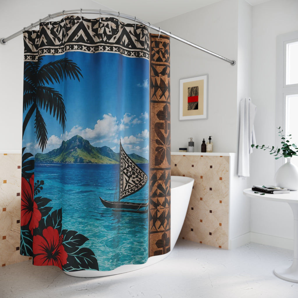 Tropical Island Shower Curtain – Hawaiian Hibiscus, Palm Trees & Tiki Border