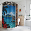 Tropical Island Shower Curtain – Hawaiian Hibiscus, Palm Trees & Tiki Border