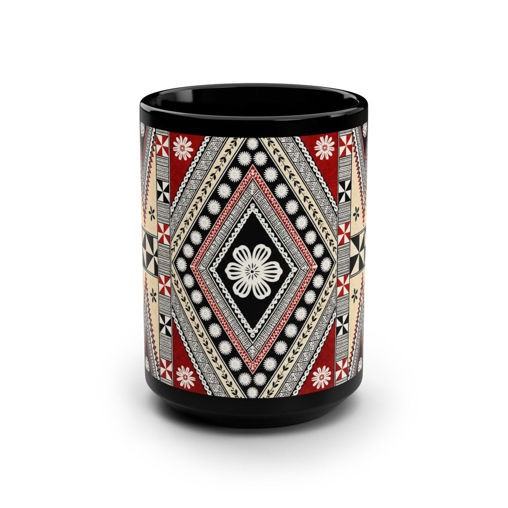 15oz Black Mug — Red & Black Tribal Geometric Pattern Coffee Cup