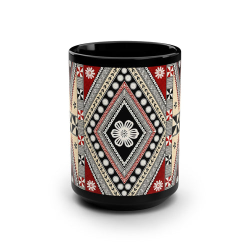 15oz Black Mug — Red & Black Tribal Geometric Pattern Coffee Cup